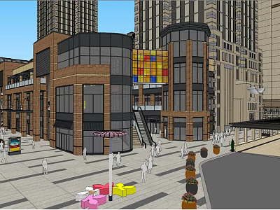 Modern Commercial Street Featuring Contemporary Buildings Pedestrians And Shop Fronts 3d model
