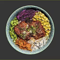 Colorful Nutritious Bowl with Seasoned Meat Sesame Seeds Purple Cabbage Corn Peas Carrot and Rice