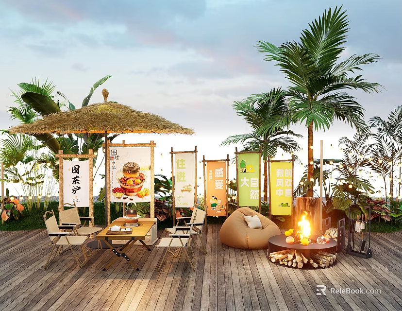 Scenic Outdoor Photo Spot With Thatched Umbrella Fire Pit Lanterns And Palm Trees 3d model 