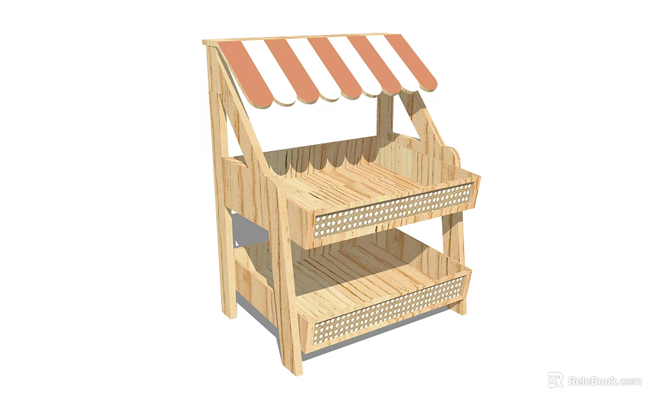 Wooden Functional Cart With Striped Awning And Multiple Display Shelves 3d model 