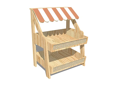Wooden Functional Cart With Striped Awning And Multiple Display Shelves 3d model