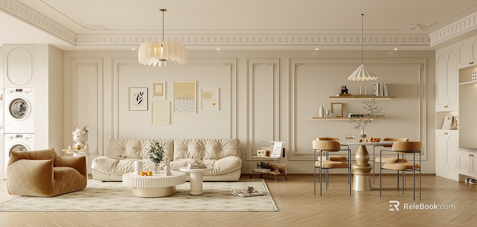 Elegant Modern Dining and Living Room Interior With Beige Sofa Pendant Lights And Decorative Paintings 3d model 