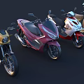 Various Style Motorcycles Including Gold Retro Scooter Red Sports Bike And White Classic Model
