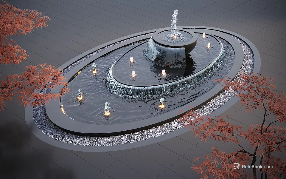 Circular Water Fountain With Multi Tiered Flow Surrounding Lights And Red Maple Trees 3d model 