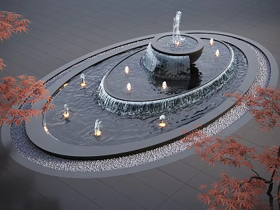 Circular Water Fountain With Multi Tiered Flow Surrounding Lights And Red Maple Trees 3d model
