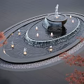 Circular Water Fountain With Multi Tiered Flow Surrounding Lights And Red Maple Trees