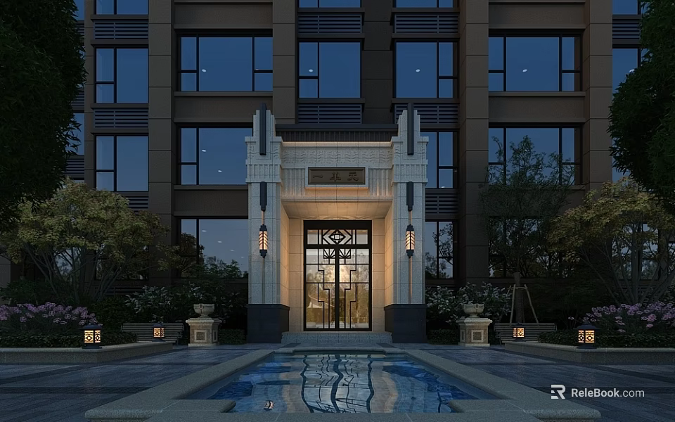 Elegant Modern Entrance Gate Design With Symmetrical Lighting Reflecting Water Pool And Landscaping 3d model 