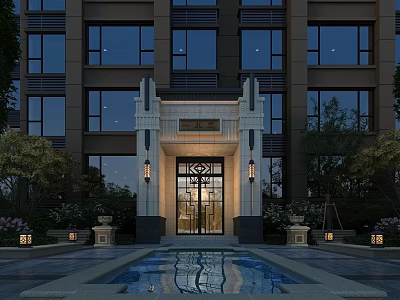 Elegant Modern Entrance Gate Design With Symmetrical Lighting Reflecting Water Pool And Landscaping 3d model
