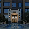 Elegant Modern Entrance Gate Design With Symmetrical Lighting Reflecting Water Pool And Landscaping