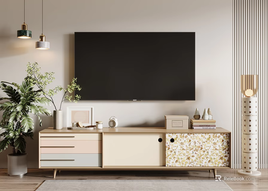Modern TV Stand With Patterned Panels Decorative Items Potted Plant And Flat Screen TV 3d model 