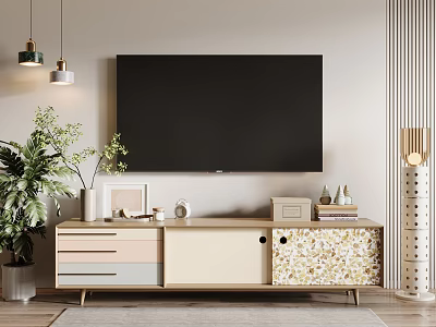 Modern TV Stand With Patterned Panels Decorative Items Potted Plant And Flat Screen TV 3d model