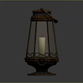 Vintage Decorative Lantern Featuring Metal Frame Glass Shade Candle And Ornate Handle Base