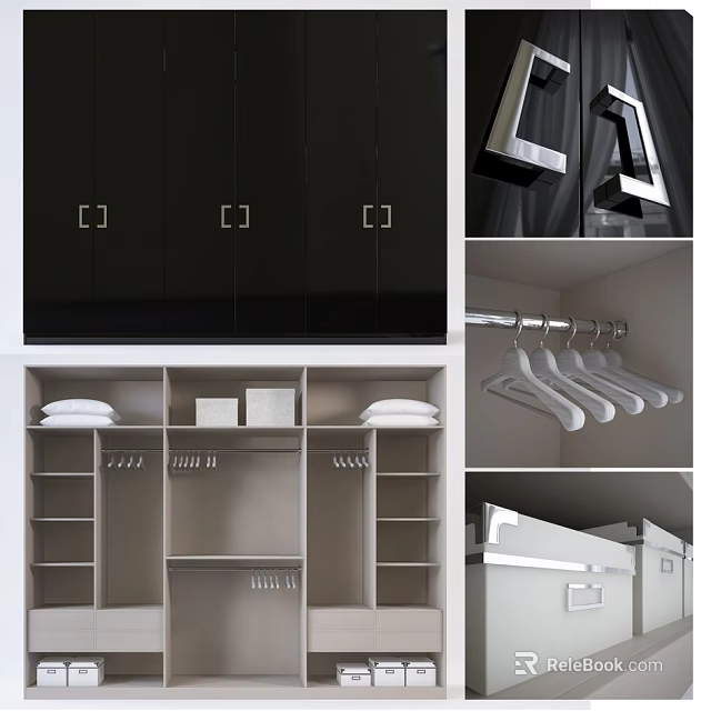 Modern Organized Wardrobe Interior with Black Doors White Handles Storage Shelves and Hanging Rods 3d model 