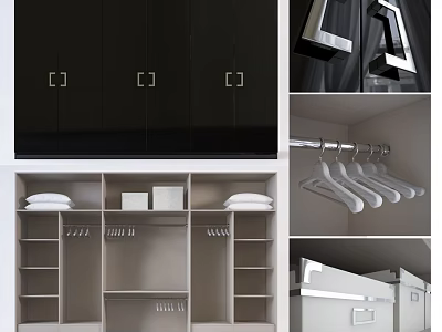 Modern Organized Wardrobe Interior with Black Doors White Handles Storage Shelves and Hanging Rods 3d model
