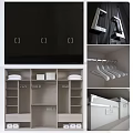 Modern Organized Wardrobe Interior with Black Doors White Handles Storage Shelves and Hanging Rods