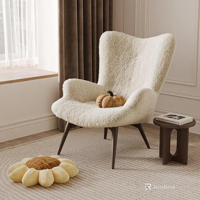 Modern Cozy Cream Faux Fur Accent Chair With Dark Wooden Legs And Sunflower Rug 3d model 