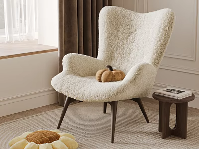 Modern Cozy Cream Faux Fur Accent Chair With Dark Wooden Legs And Sunflower Rug 3d model