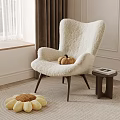 Modern Cozy Cream Faux Fur Accent Chair With Dark Wooden Legs And Sunflower Rug