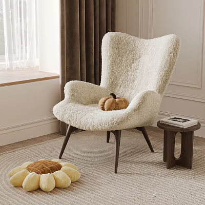 Modern Cozy Cream Faux Fur Accent Chair With Dark Wooden Legs And Sunflower Rug 3d model