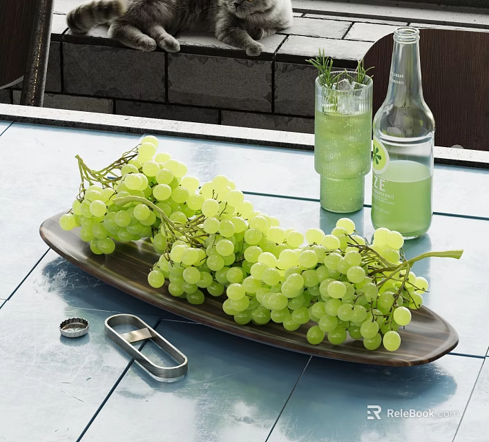 Ceramic Dish with Green Grapes on Blue Outdoor Table and Glass Cups with Green Drink 3d model 