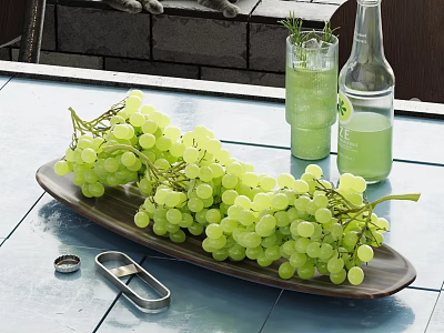 Ceramic Dish with Green Grapes on Blue Outdoor Table and Glass Cups with Green Drink 3d model