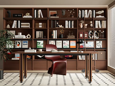 Modern Study Room Interior With Built-in Bookshelves Books Decorative Items Wooden Desk And Red Chair 3d model