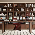Modern Middle Ancient Study Middle Style Study Open Bookcase Combination Bookcase Desk and Chair 3d model