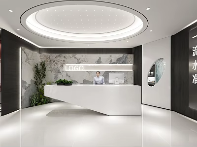Elegant Modern Front Desk Reception With Receptionist Marble Backdrop Circular Ceiling And Green Plants 3d model