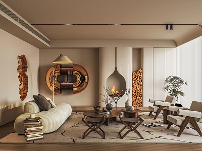 Modern Living Room Interior Design With Beige Sofa Hanging Fireplace And Round Decorative Mirror 3d model