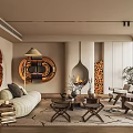 Modern Living Room Interior Design With Beige Sofa Hanging Fireplace And Round Decorative Mirror