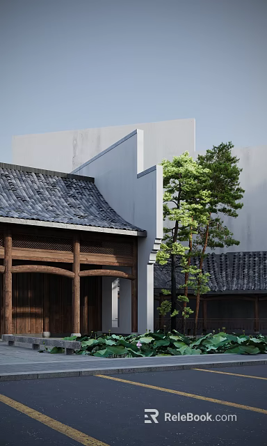 Traditional Ancient Architecture with Gray Tile Roof Wooden Beam White Wall and Green Pine Tree 3d model 