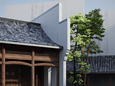 Traditional Ancient Architecture with Gray Tile Roof Wooden Beam White Wall and Green Pine Tree 3d model