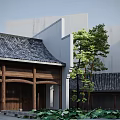 Traditional Ancient Architecture with Gray Tile Roof Wooden Beam White Wall and Green Pine Tree