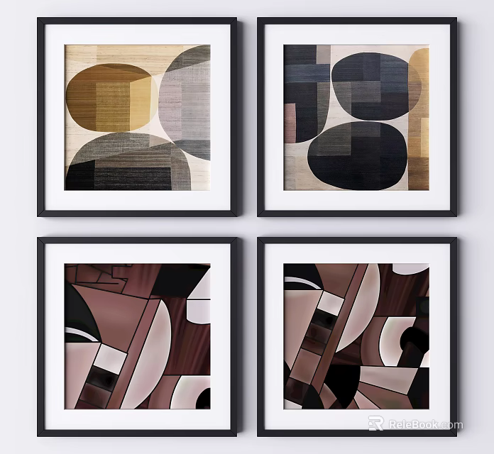 Abstract Geometric Artworks Framed On White Wall With Modern Patterns 3d model