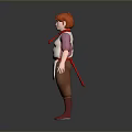 3D Character Model With Red Hair Pink Shirt White Apron Brown Pants And Red Boots