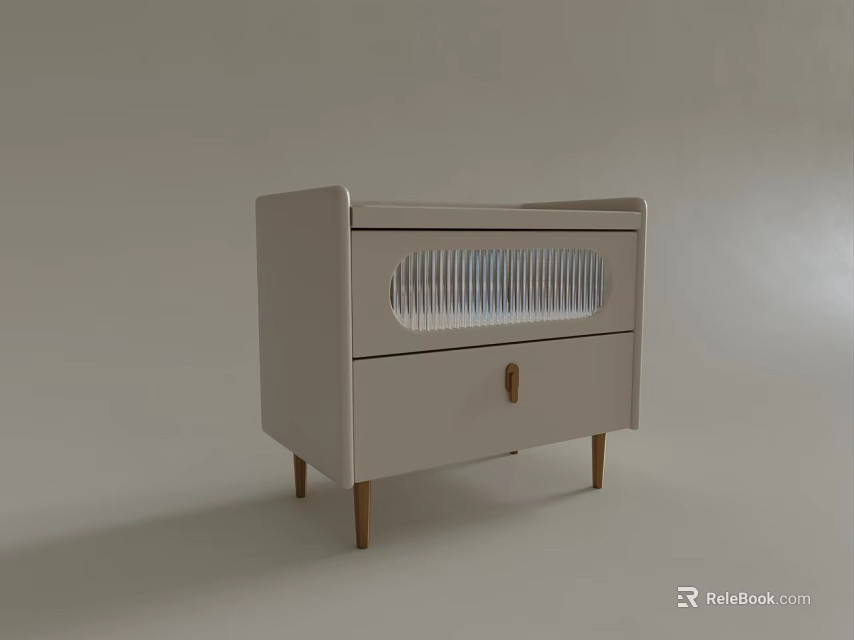 Modern Light Colored Bedside Table Featuring Slatted Panel Drawer Wooden Handle And Slim Legs 3d model 