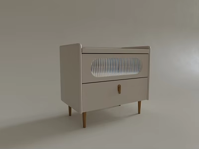 Modern Light Colored Bedside Table Featuring Slatted Panel Drawer Wooden Handle And Slim Legs 3d model