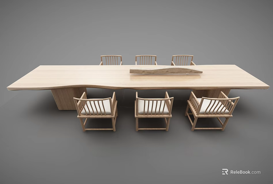 Long Wooden Desk With Six Matching Chairs For Home Office Workspace 3d model 