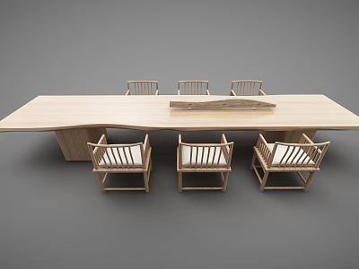 Long Wooden Desk With Six Matching Chairs For Home Office Workspace 3d model
