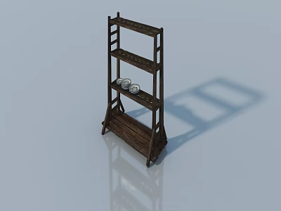 Brown Wooden Hinged Door Shelf With White Jars On Light Blue Background 3d model