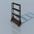 Brown Wooden Hinged Door Shelf With White Jars On Light Blue Background