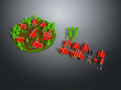 3D Model of Small Houses with Red Roofs and Green Trees Circular and Scattered Layout 3d model