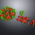 3D Model of Small Houses with Red Roofs and Green Trees Circular and Scattered Layout