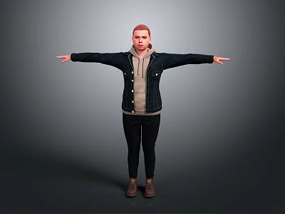 3D Game Movie Character With Red Hair Black Jacket Arms Outstretched Standing Pose 3d model