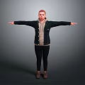 3D Game Movie Character With Red Hair Black Jacket Arms Outstretched Standing Pose