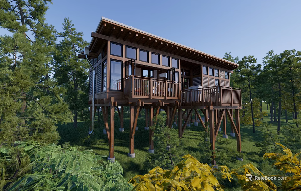 Elevated Wooden House In Forest With Large Windows Balcony And Greenery 3d model 