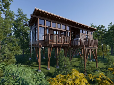 Elevated Wooden House In Forest With Large Windows Balcony And Greenery 3d model