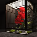 Garden Ornament Featuring Red Goldfish in Metal Frame with Moss Rocks and Ferns