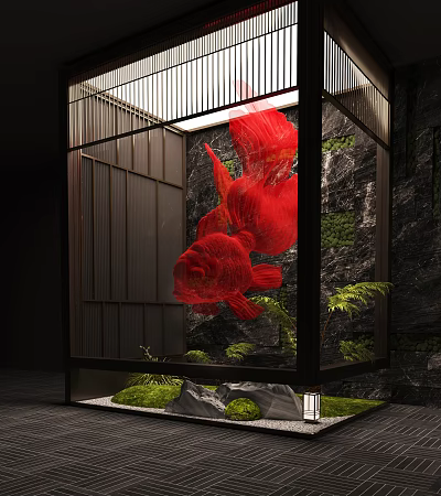 Garden Ornament Featuring Red Goldfish in Metal Frame with Moss Rocks and Ferns 3d model