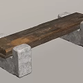 Rustic Wooden Bench With Weathered Wood Planks And Gray Stone Block Supports